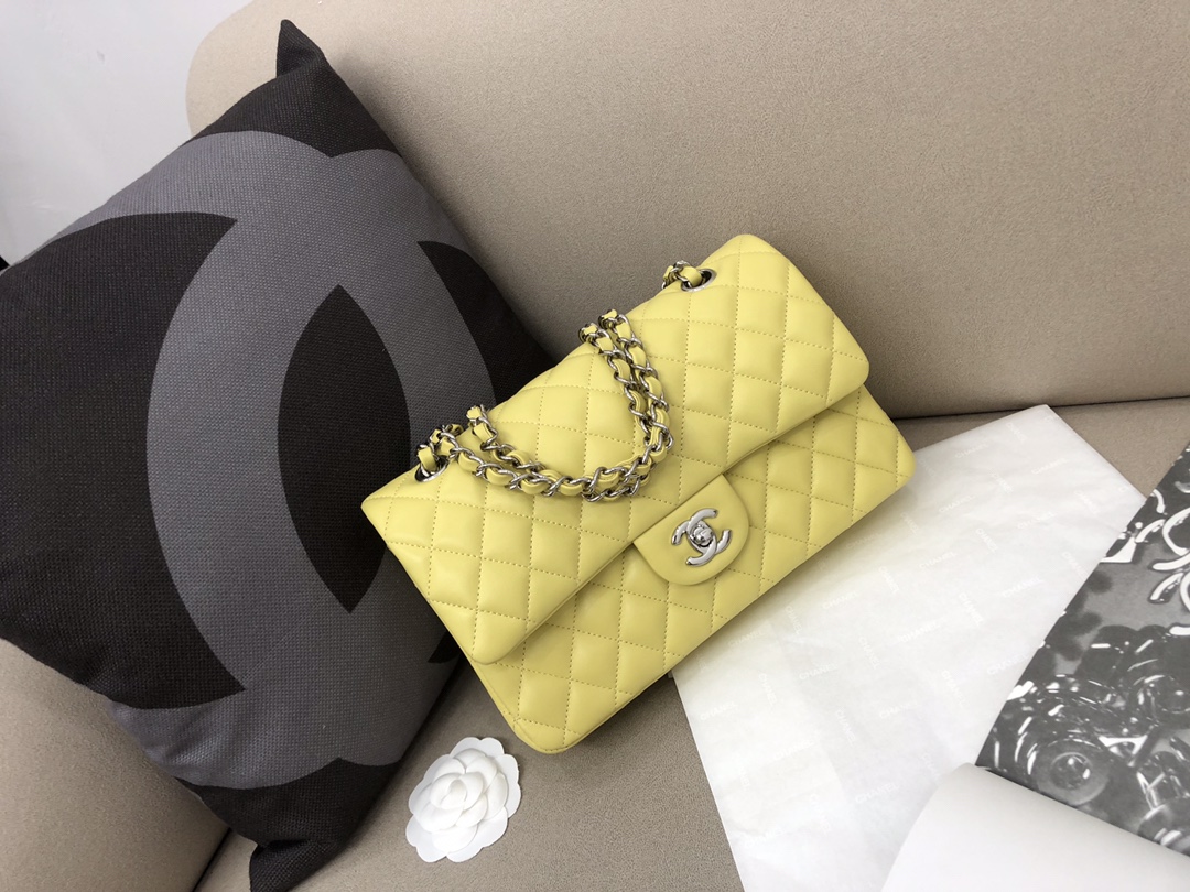 Medium Classic Flap Lambskin Bag AO1112 Yellow/Silver